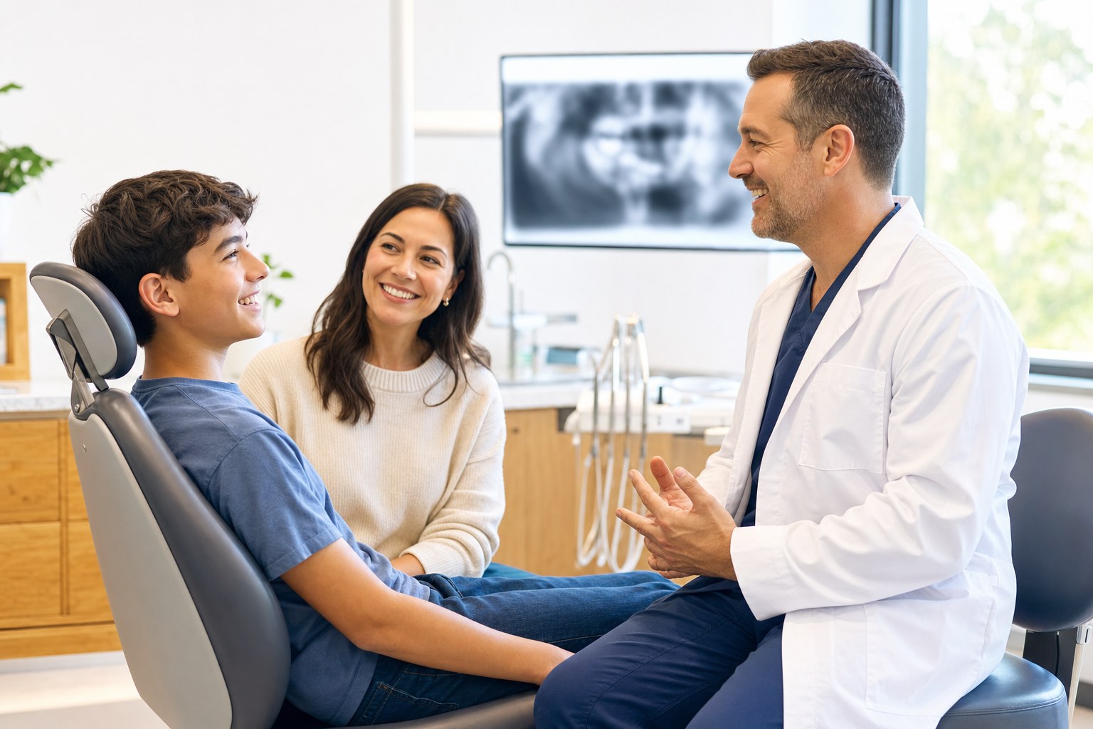 A calm pediatric dental visit with a parent present
