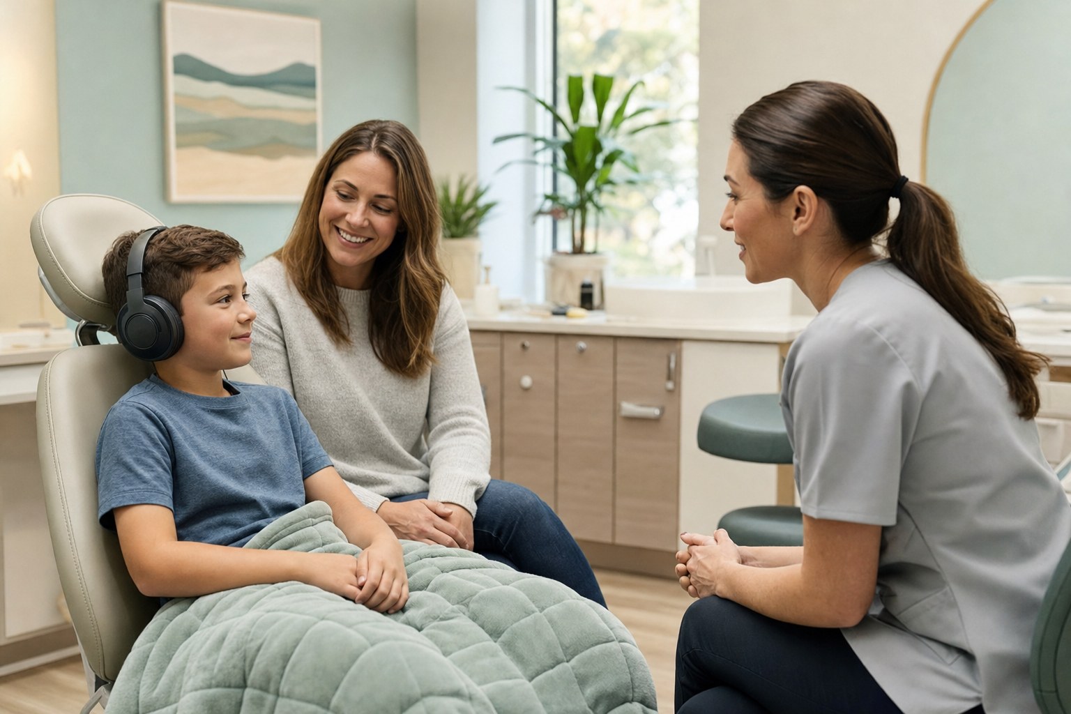 A calm pediatric dental visit with a parent present