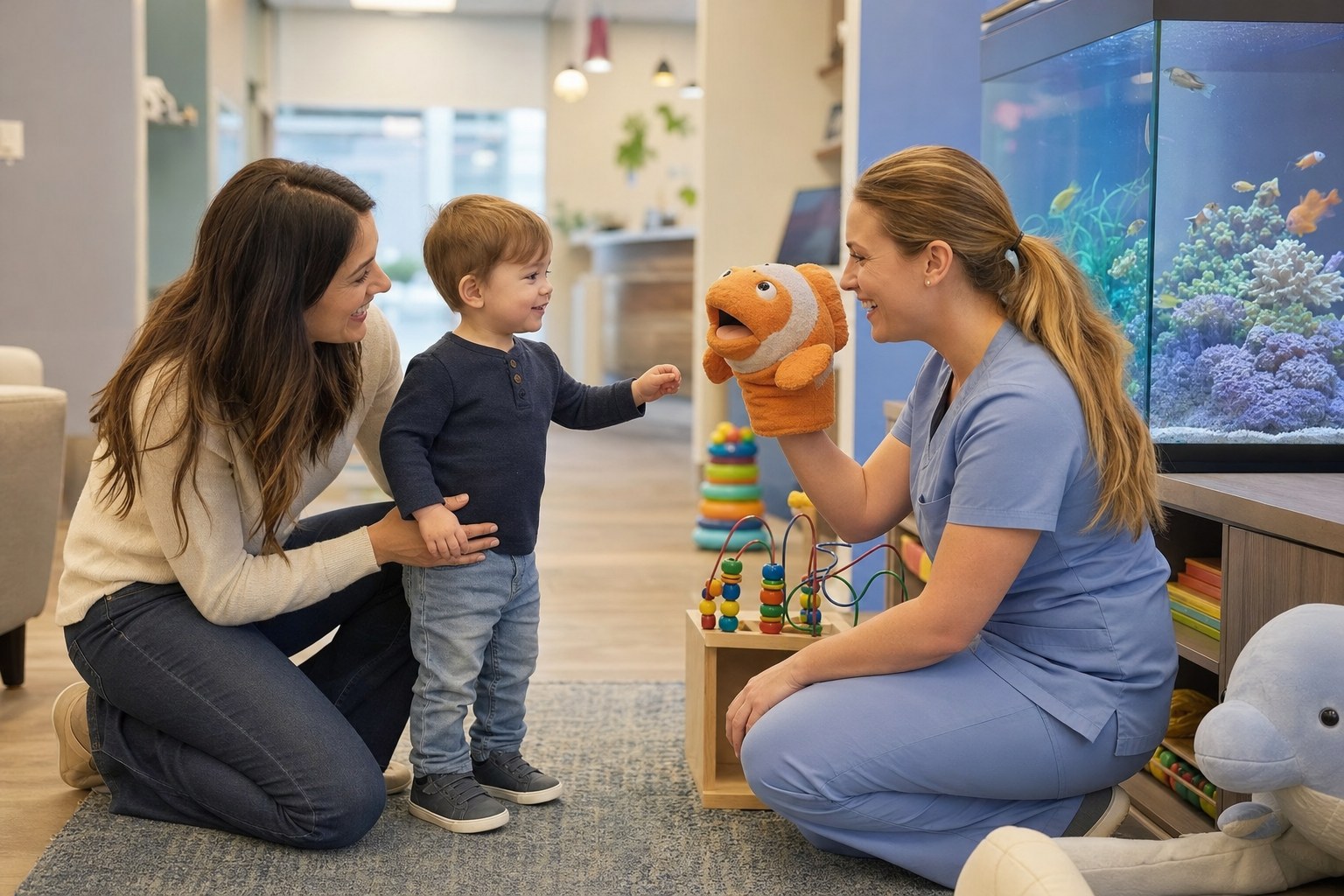 A toddler meets a hygienist in a welcoming pediatric dental play corner