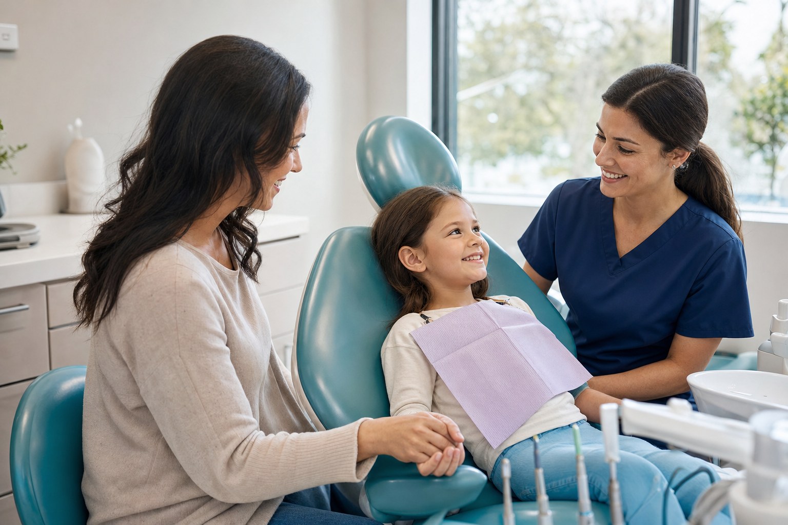 A parent sits beside their relaxed child during a pediatric dental visit