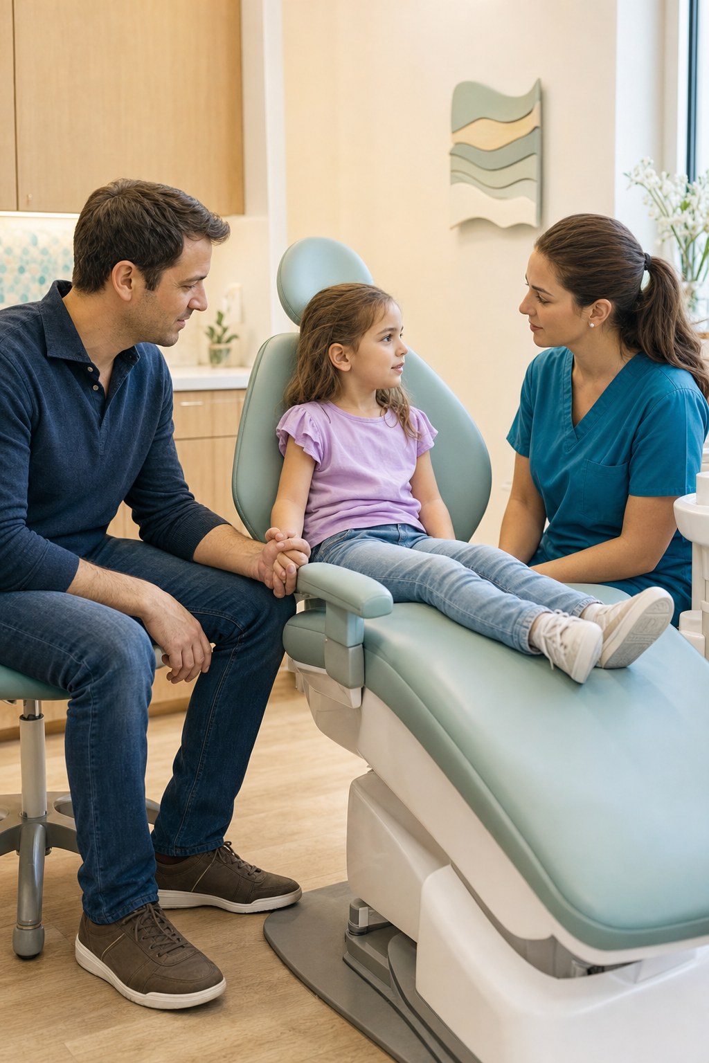 A father sits beside his daughter in the dental chair while a hygienist talks with them